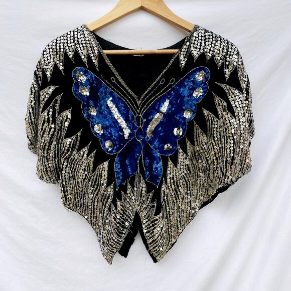 Vintage blue Silk Butterfly Sequin Flutter Sleeve Top - Picture 1 of 5